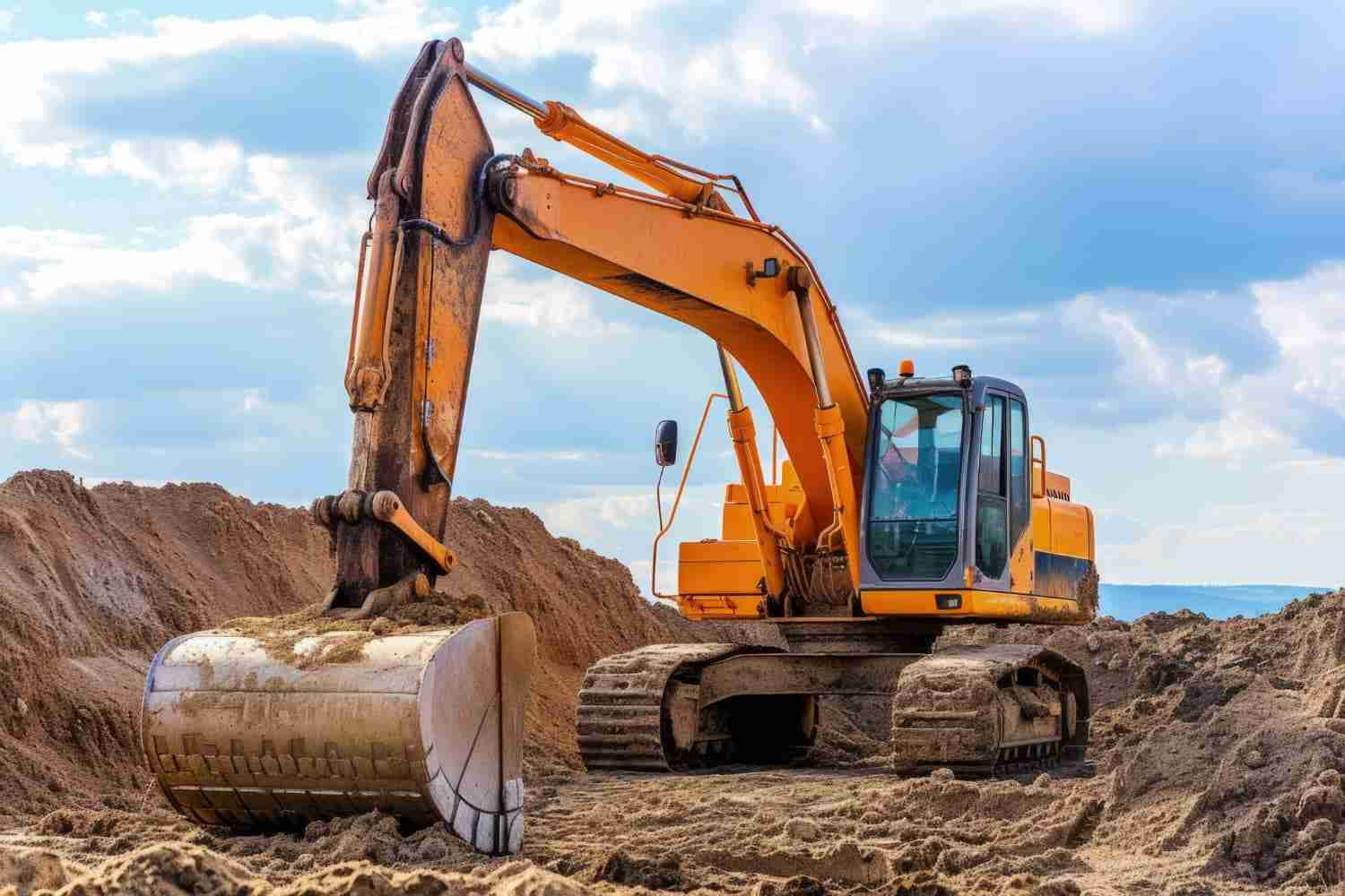 An orange excavator digging on a construction site