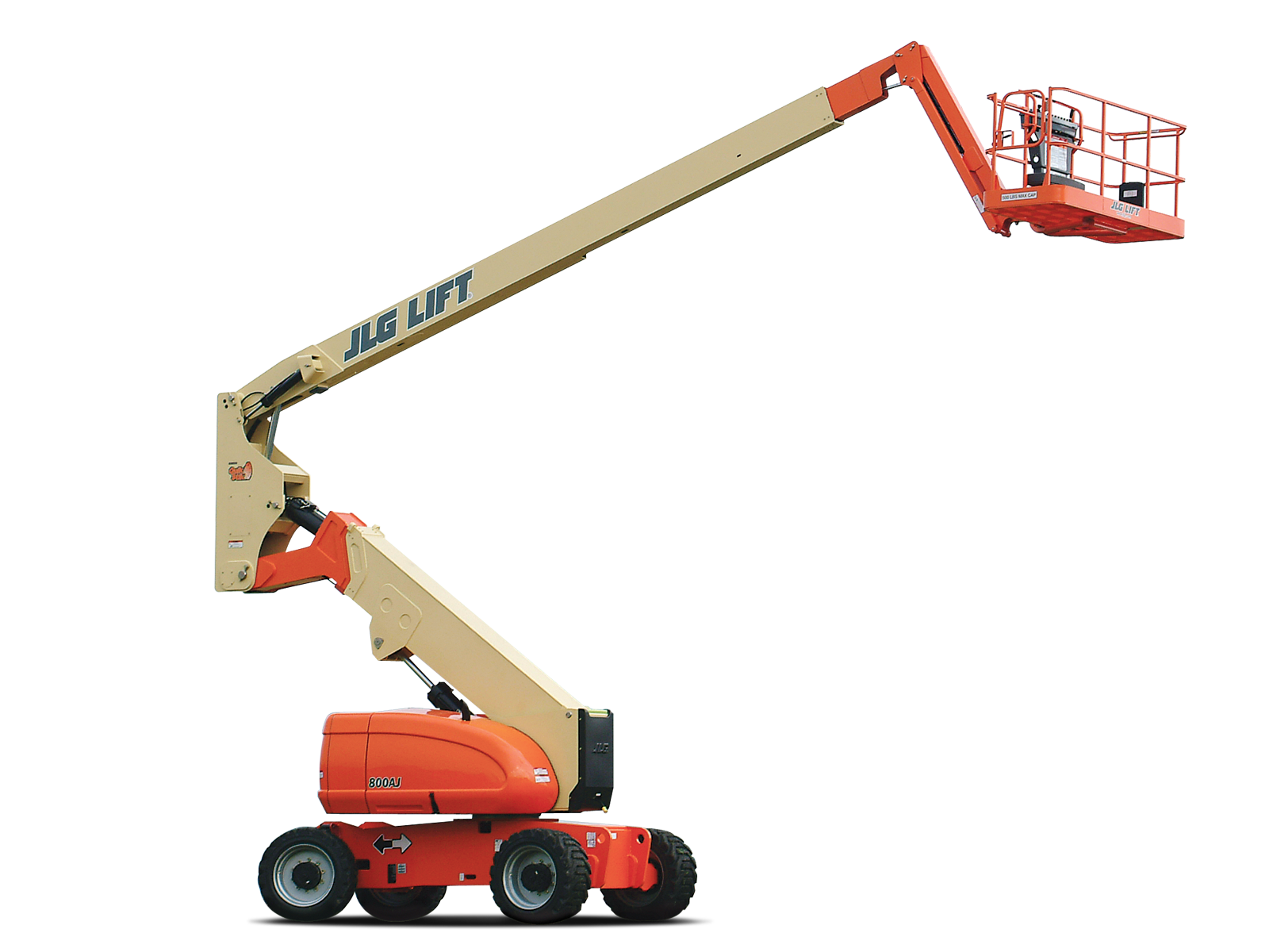 Articulating boom lift with the platform raised