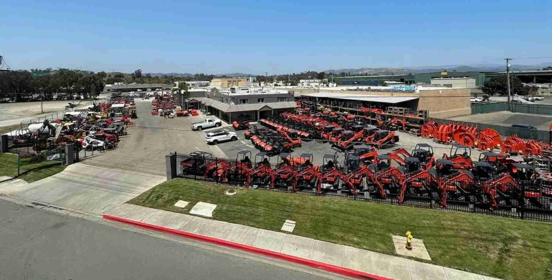 Aerial view of the PDQ Escondido yard full of Kubota equipment