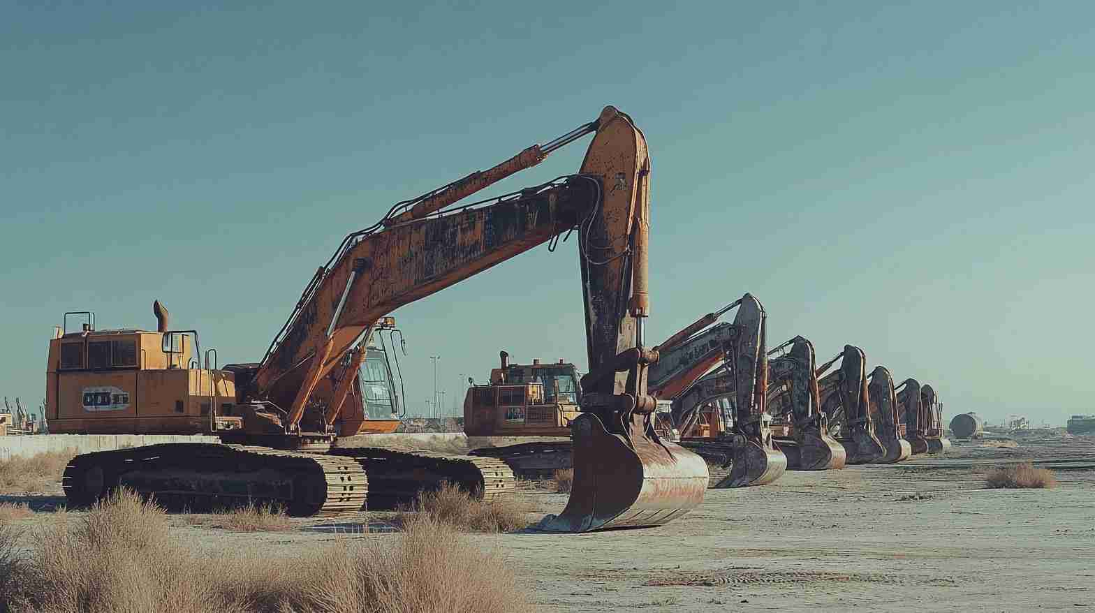 Row of excavators on a construction site