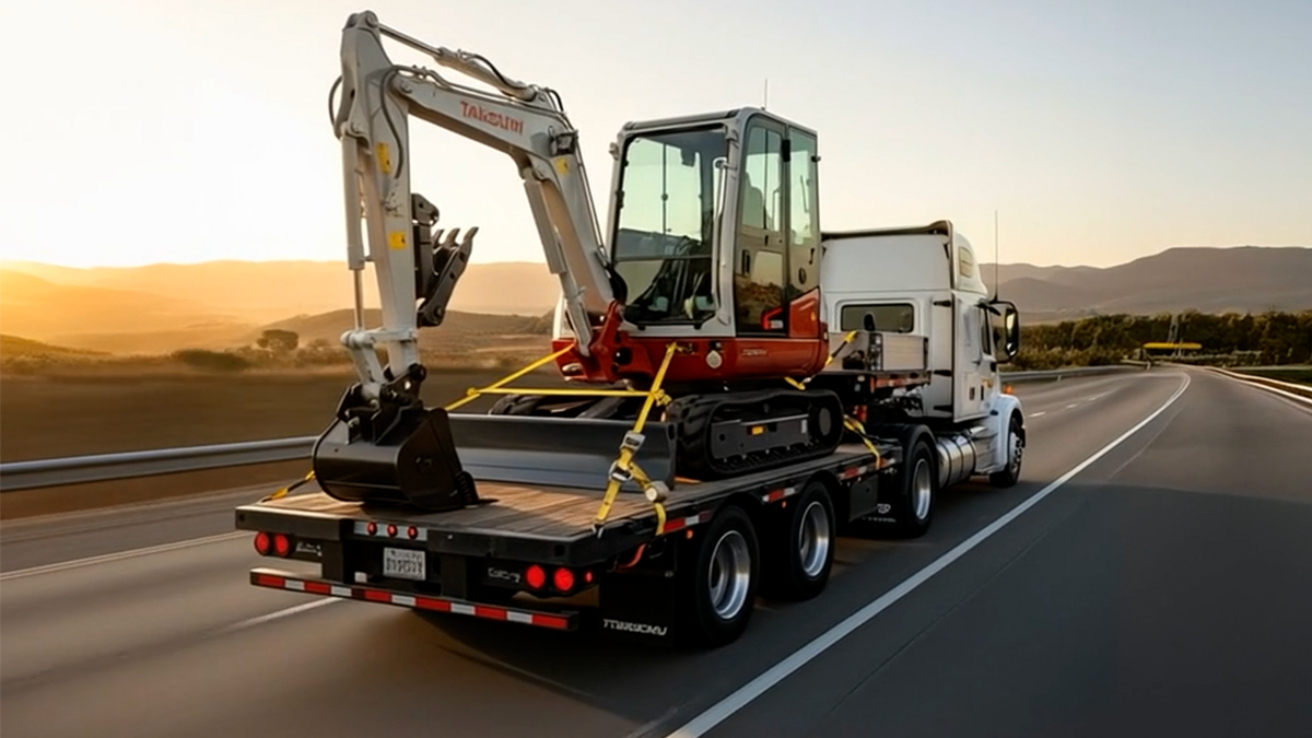 Takeuchi excavator strapped to a flatbed truck on the highway