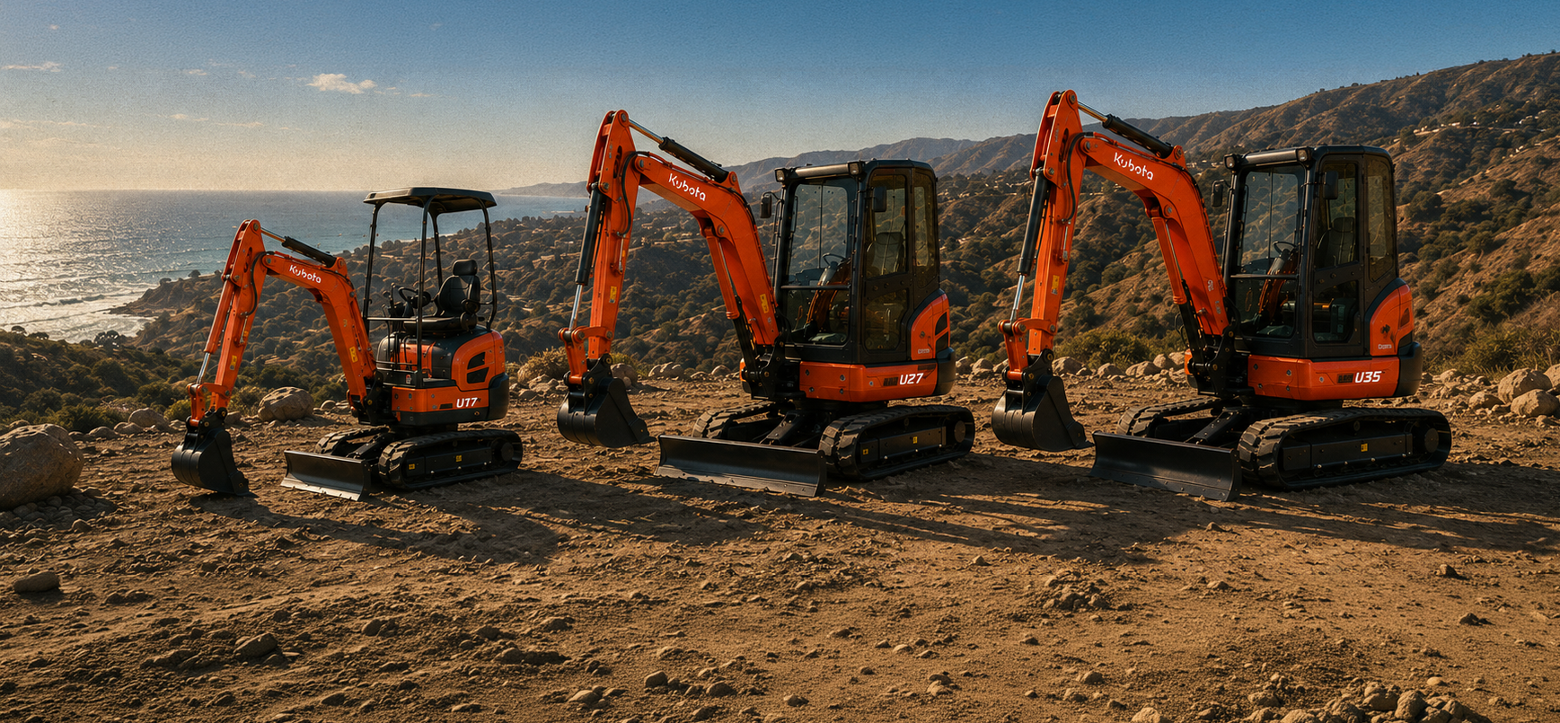 Three Kubota mini excavators lined up on a hillside