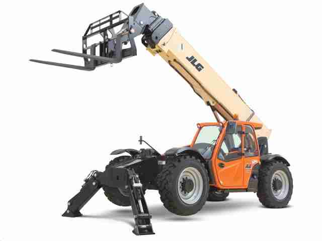Telehandler with forks raised on a white background